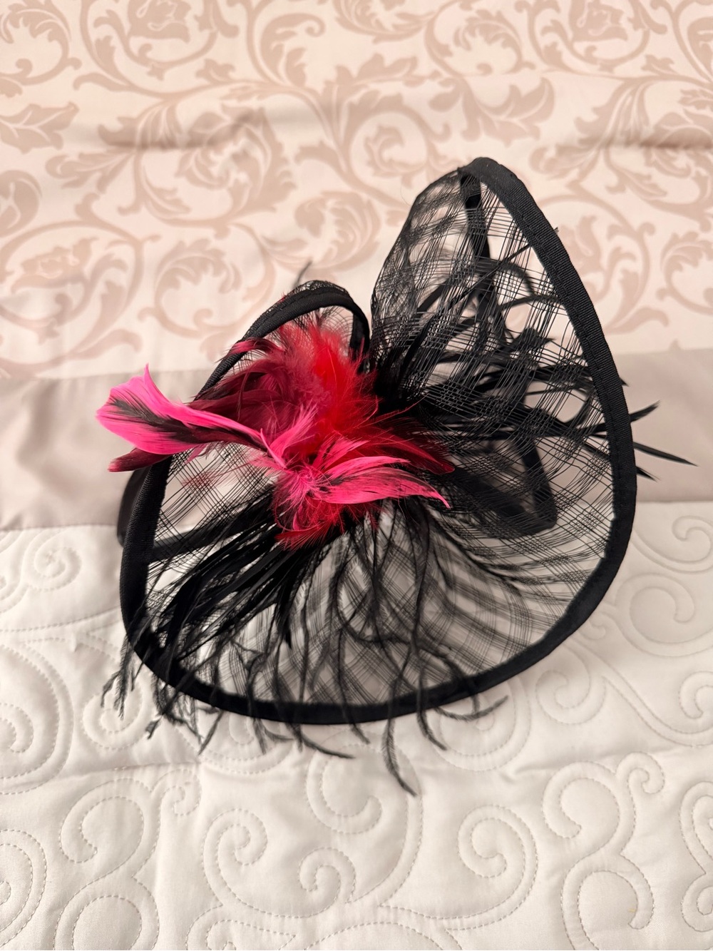 Black Fascinator Headpiece with Pink/Red Feather Accent